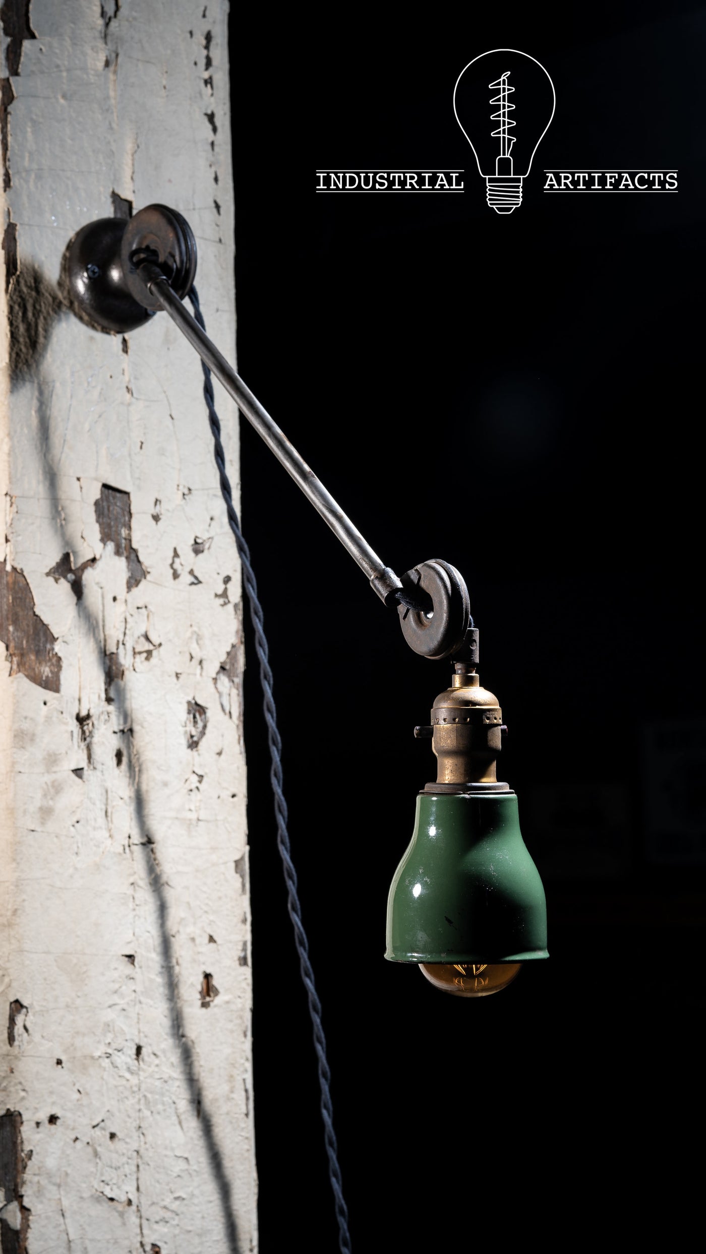 Antique American Industrial Articulating Work Lamp With Porcelain Enamel Shade