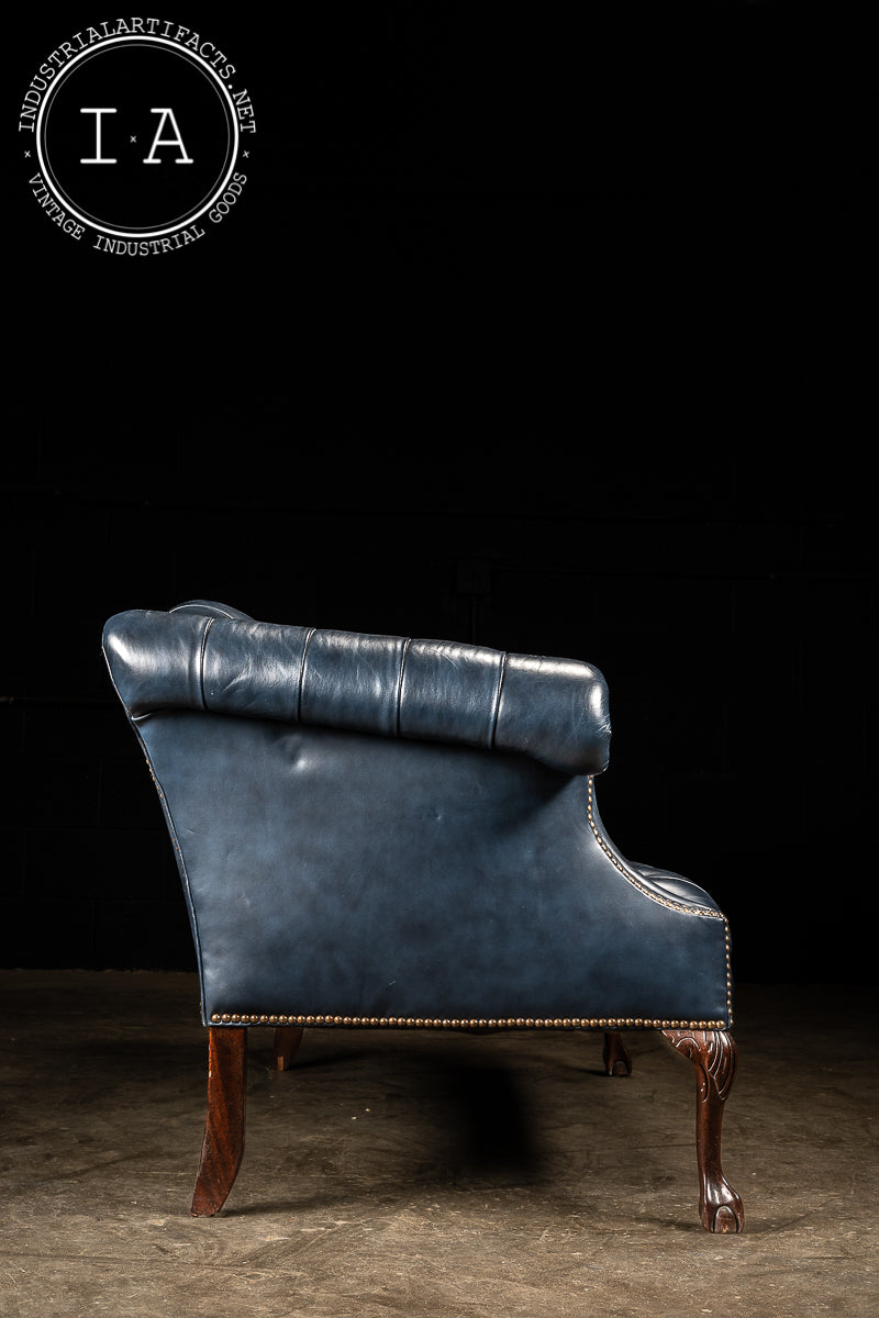 Tufted Leather Chippendale Sofa in Blue