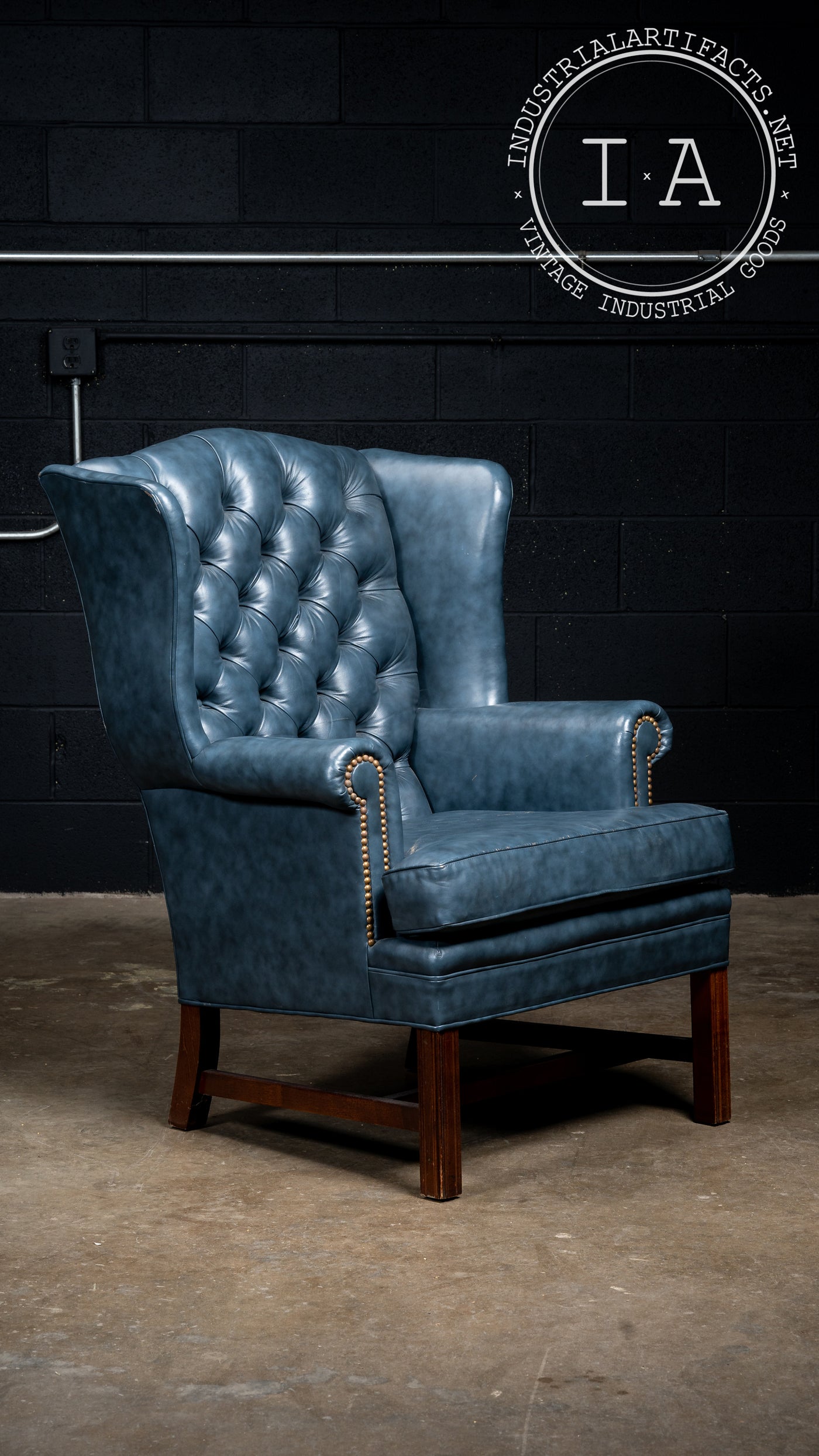 Vintage Tufted Wingback Chairs in Blue - A Pair