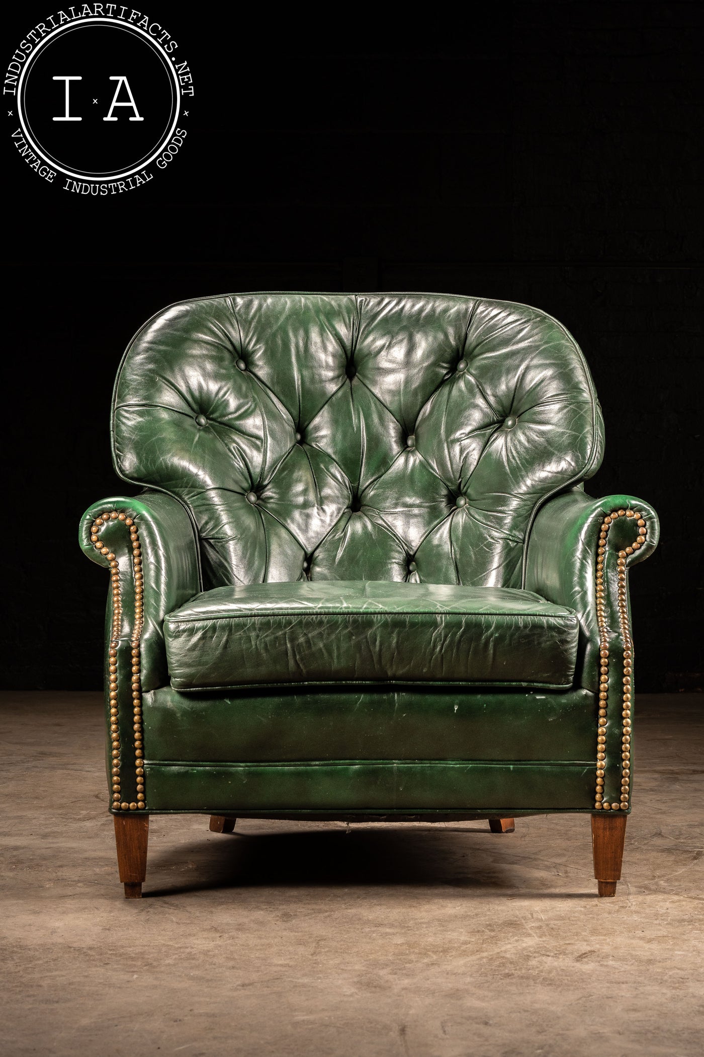 Vintage Tufted Leather Chair with Ottoman in Emerald