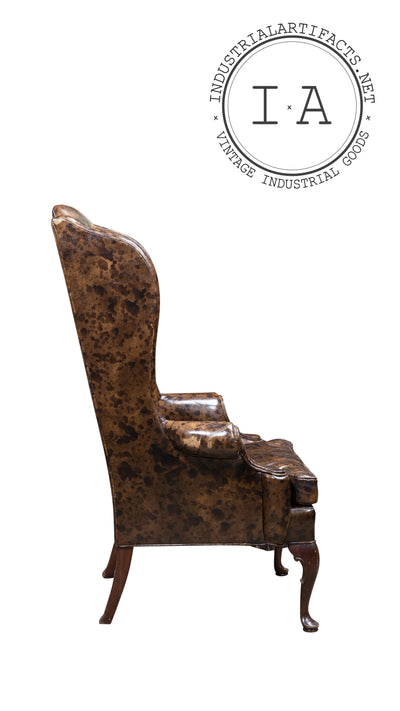 Antique Mottled Brown Leather Highback Armchair