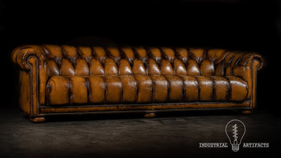 Large Antique Tufted Leather Sofa In Camel Gold