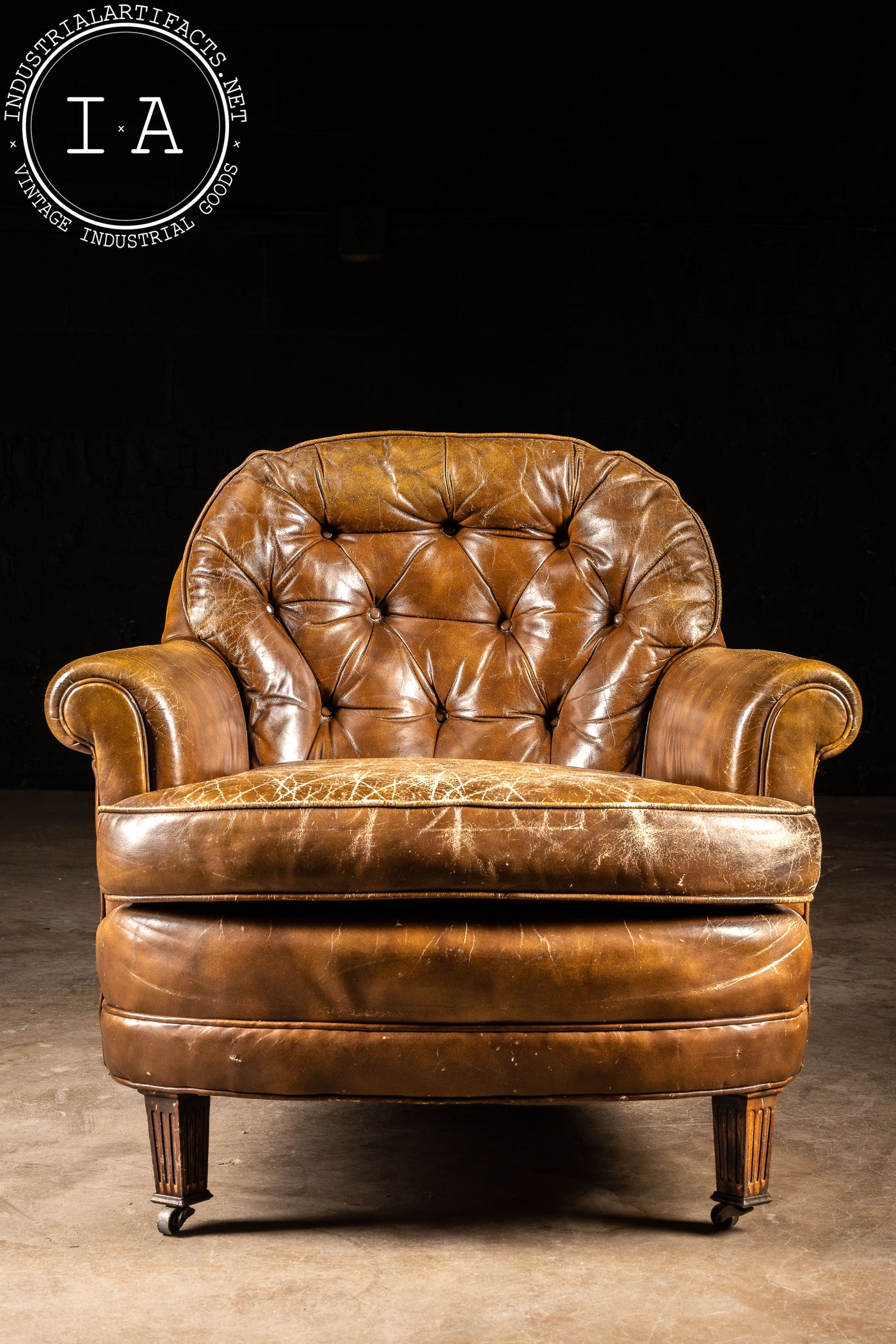 Vintage Leather Club Chair With Ottoman in Camel