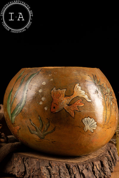 Vintage Hand Painted Aquatic Gourd Folk Art Vase