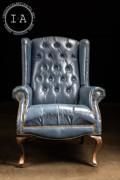 Vintage Wingback Tufted Leather Armchair in Blue
