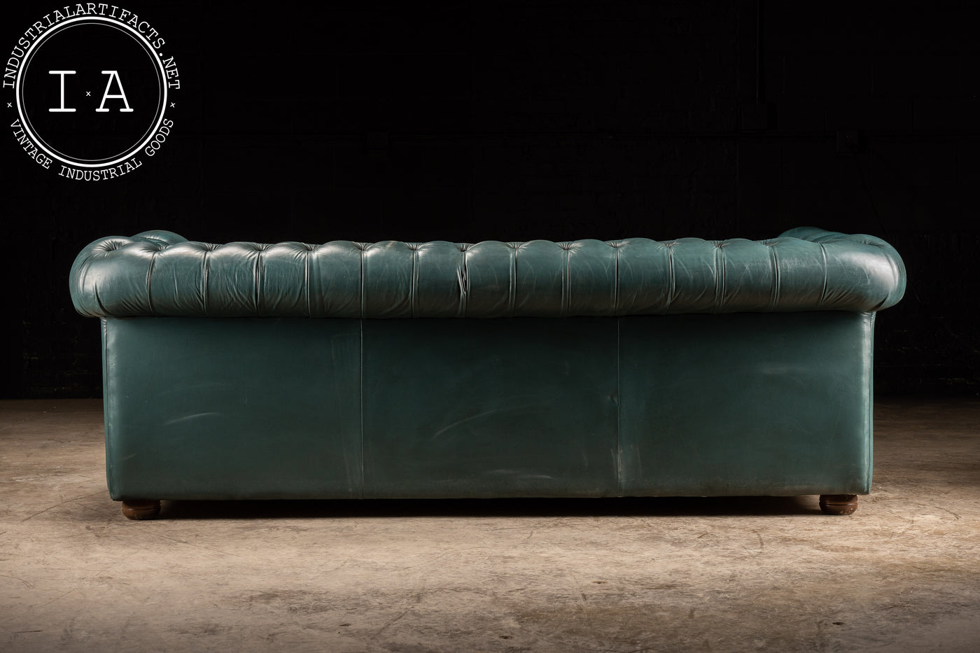 Vintage Tufted Leather Sofa in Blue Green