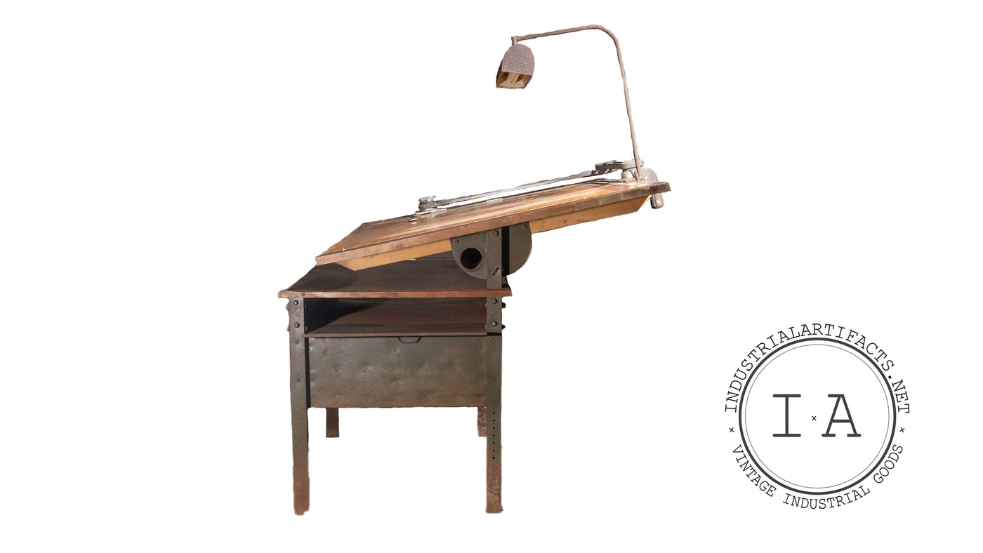 Industrial Antique Bruning Drafting Table With Floating Lamp And Drafting Machine
