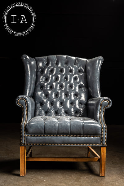 Queen Anne Style Wingback Leather Chair in Blue