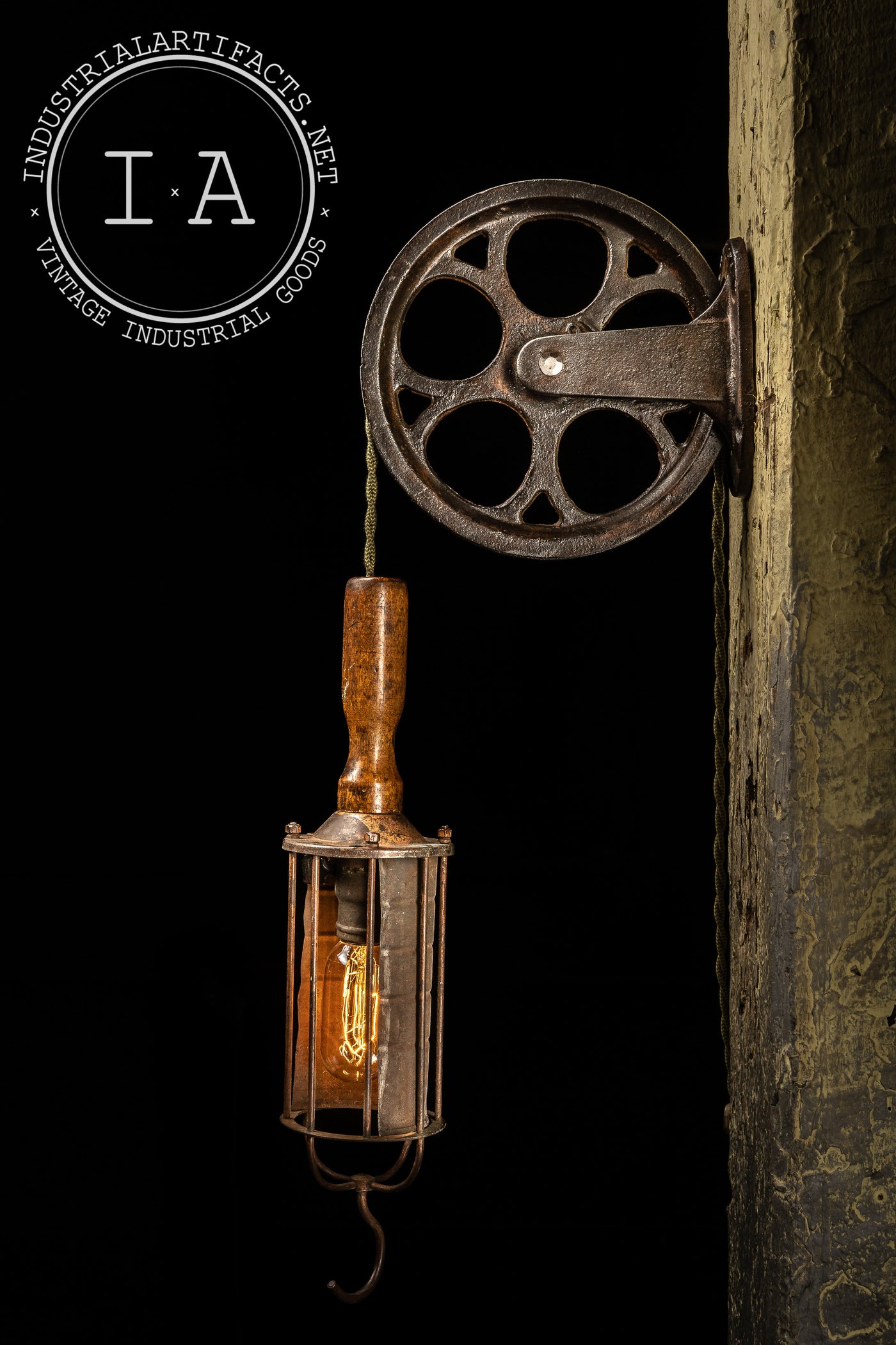Vintage Industrial Task Lamp With Cast Iron Pulley