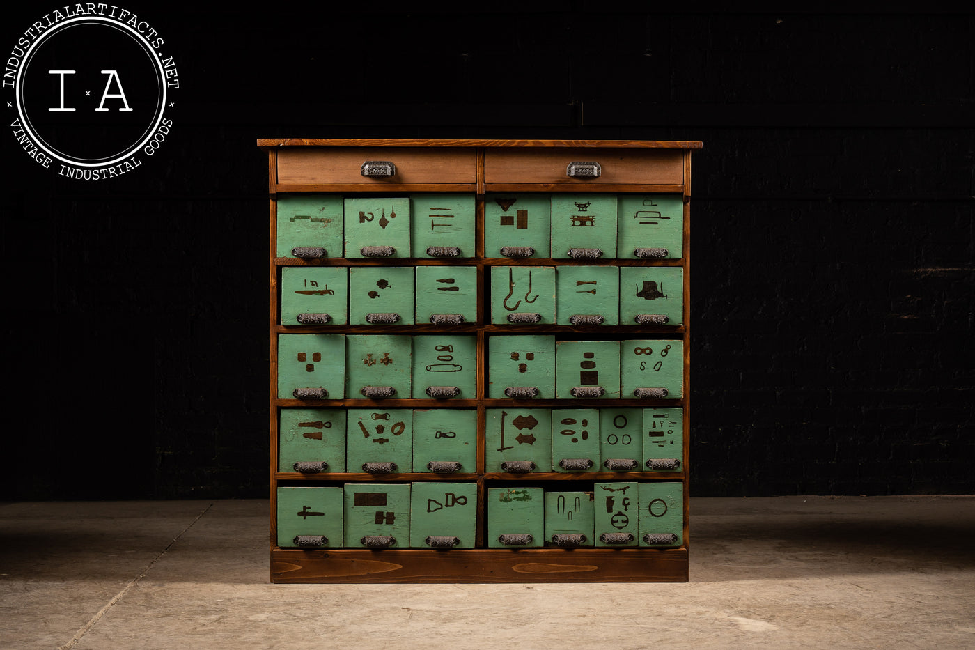 Vintage Green Faced Small Parts Cabinet