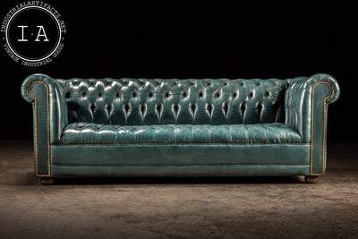 Vintage Tufted Leather Sofa in Blue Green
