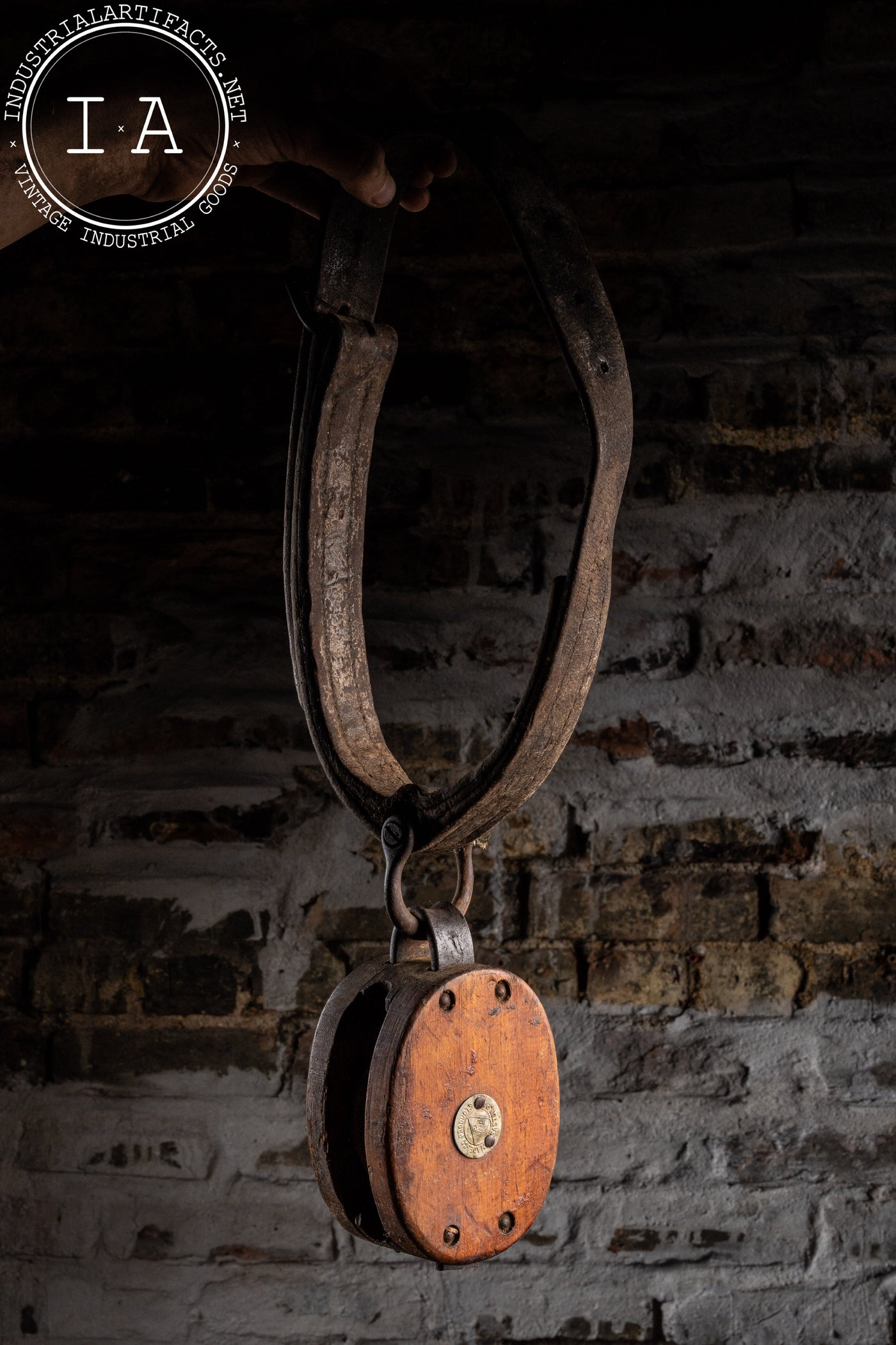 Industrial Antique Pulley With Leather Strap