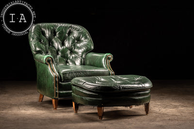 Vintage Tufted Leather Chair with Ottoman in Emerald