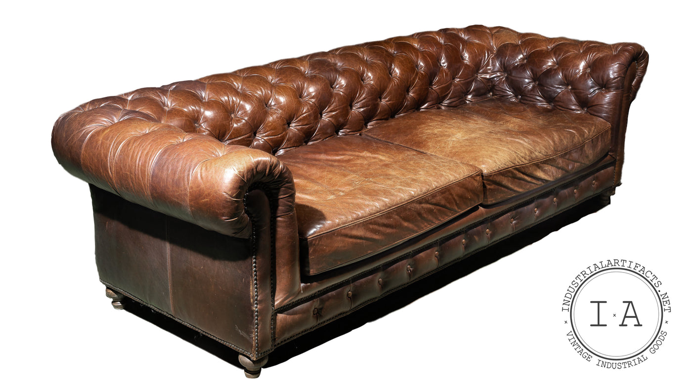 Large Antique Tufted Leather Chesterfield Sofa in Brown