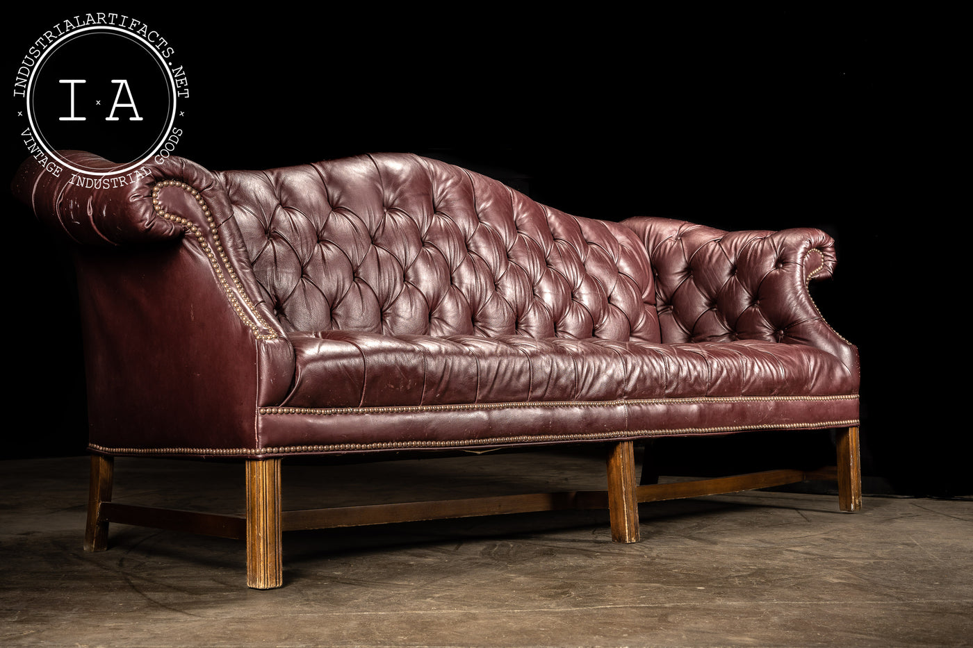 Vintage Chippendale Burgundy Tufted Leather Sofa