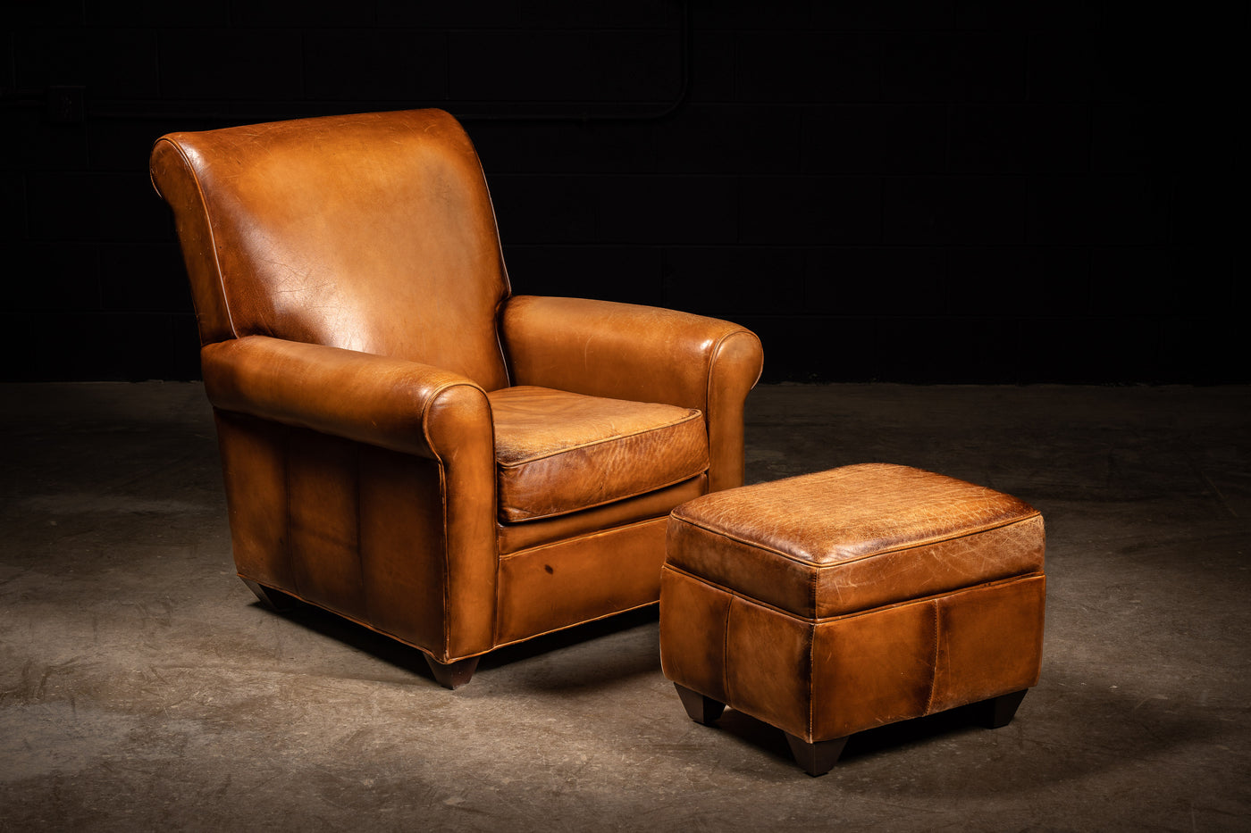 Contemporary Tobacco-Colored Leather Club Chair and Ottoman