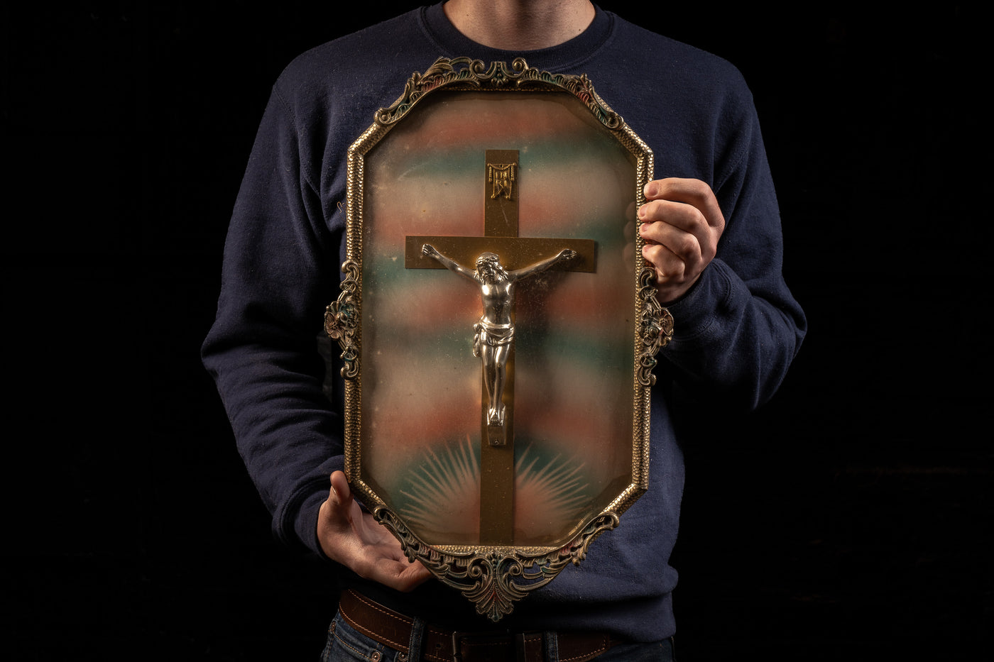 c. 1960s Brass Framed Bubble Glass Crucifix