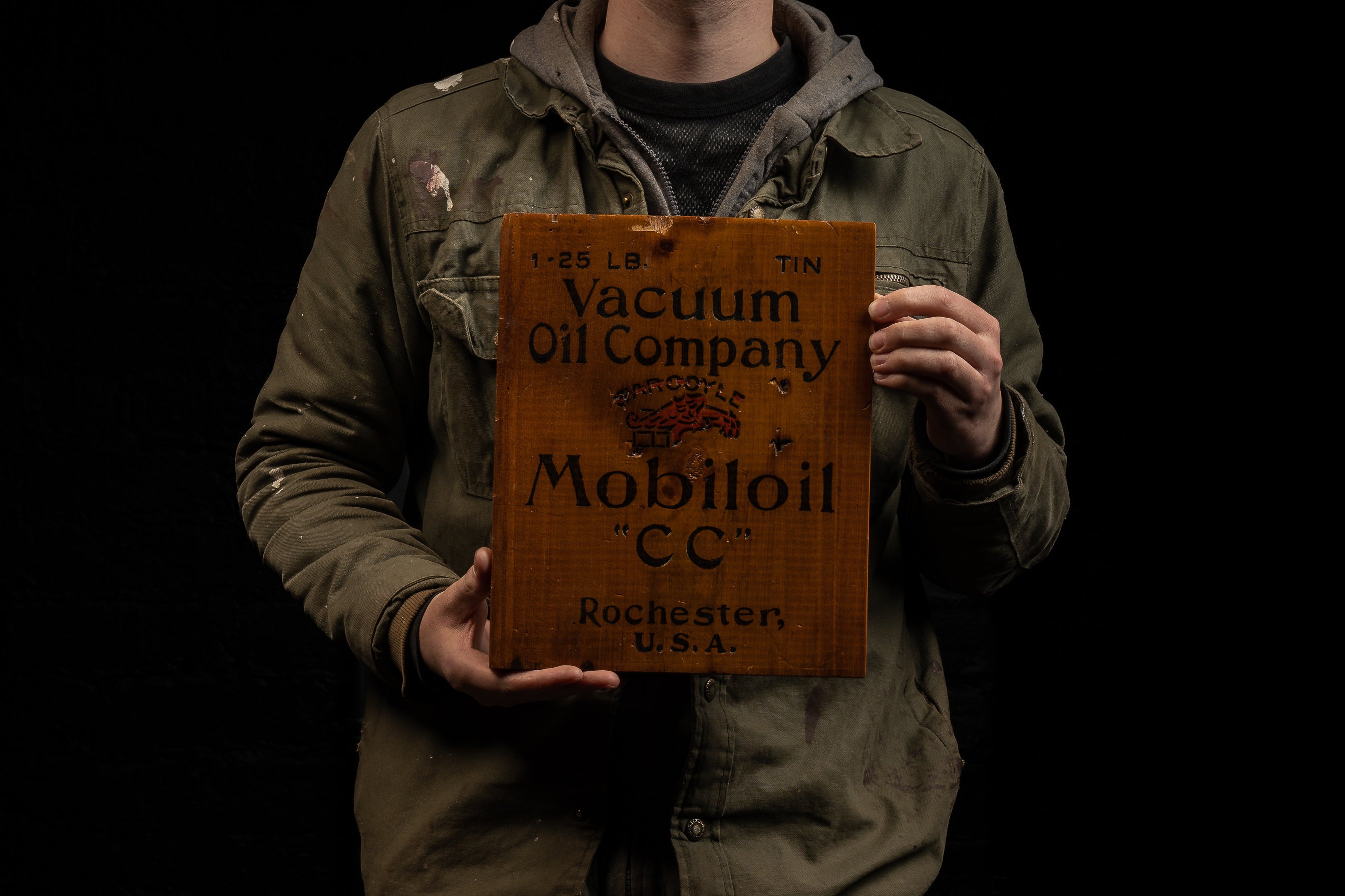 Antique MobilOil Can Crate Panel Industrial Artifacts