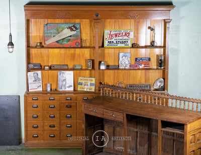 C. Early 1900s General Store Counter and Apothecary Back Bar Set