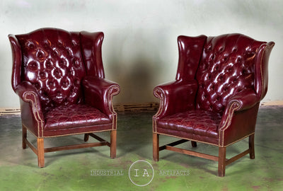 Pair Of Vintage Aged Oxblood Wingback Chairs