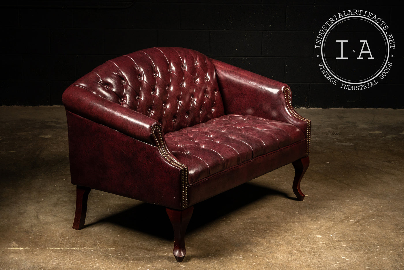 Vintage Tufted Leather Loveseat in Burgundy