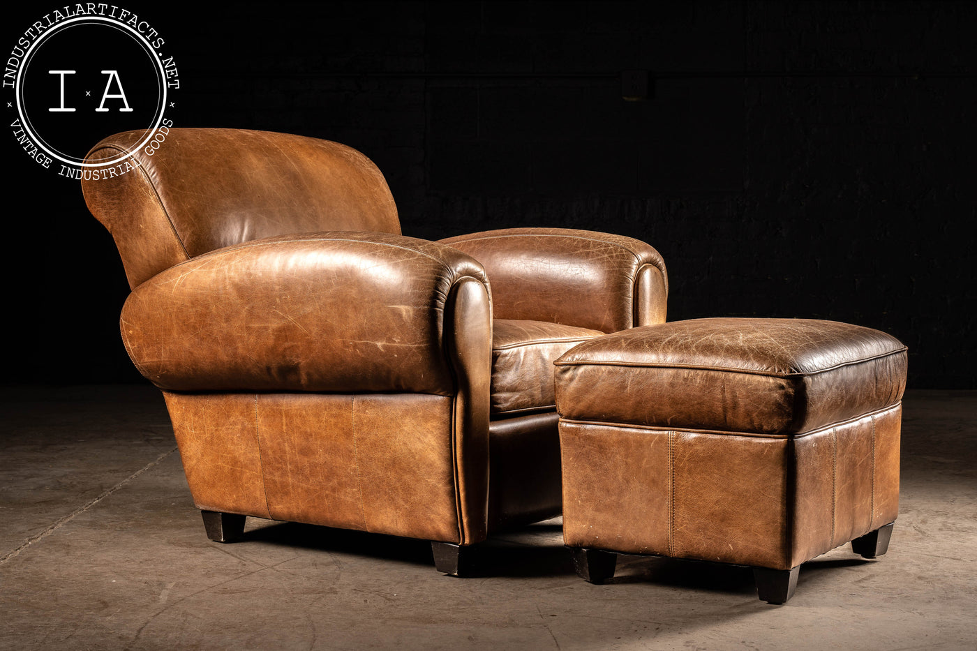 Vintage Leather Club Chair and Ottoman in Brown