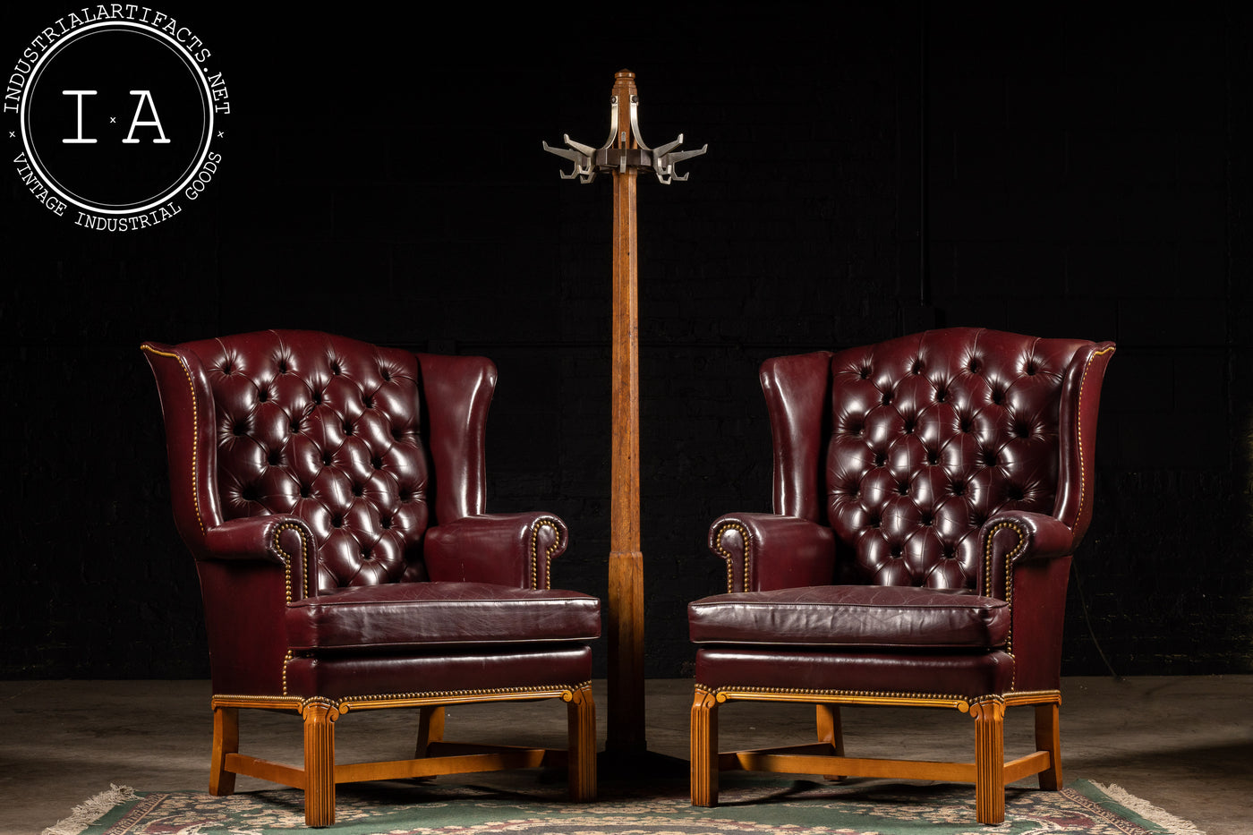 Vintage Tufted Leather Wingback Armchair In B urgundy