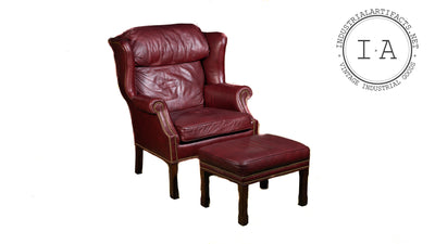 Wingback Leather Armchair With Ottoman In Burgundy