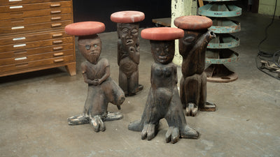 Antique 1930s Figural Wooden Carved Tiki Barstools - Set Of Four
