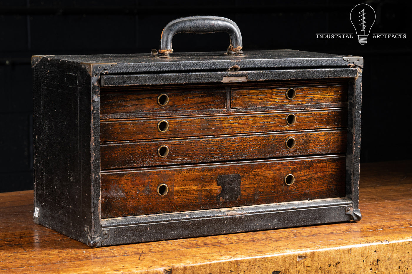 Industrial Antique Leatherbound Wooden Machinist Chest