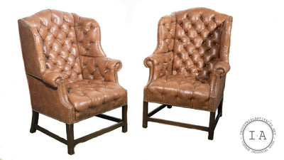 Vintage Tufted Leather Wingback Armchairs in Burnt Amber