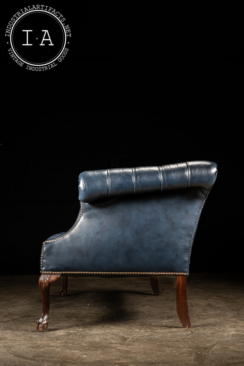 Tufted Leather Chippendale Sofa in Blue