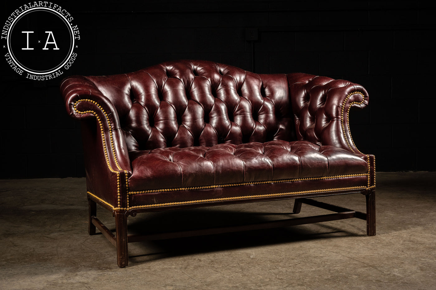 Vintage Tufted Leather Chippendale Style Sofa in Burgundy