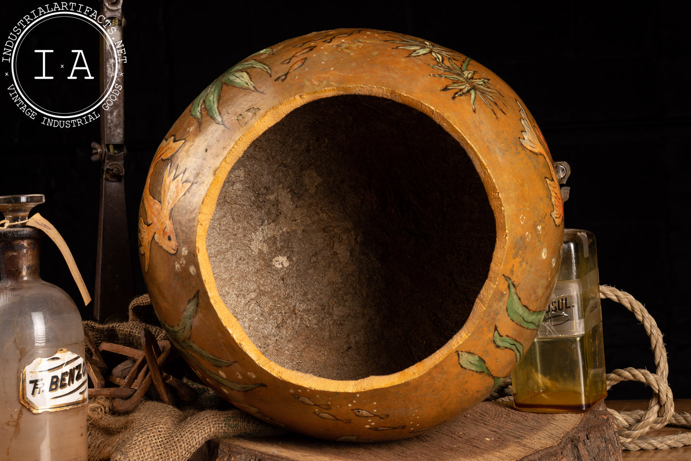 Vintage Hand Painted Aquatic Gourd Folk Art Vase