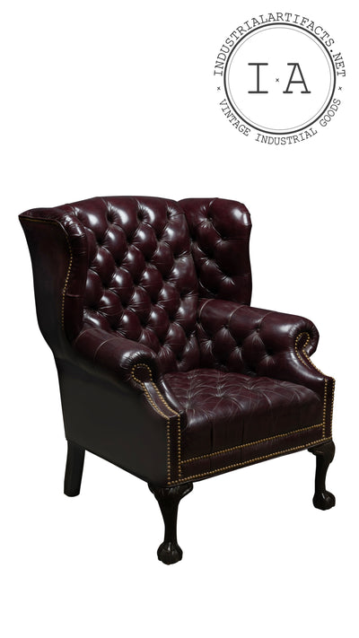 Vintage Tufted Leather Wingback Chair in Burgundy
