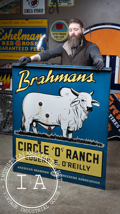 Antique Double Sided Porcelain Brahmans Cattle O'Reilly Farm Sign
