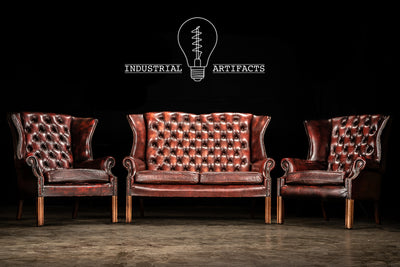 Vintage Tufted Leather Wingback Loveseat in Oxblood