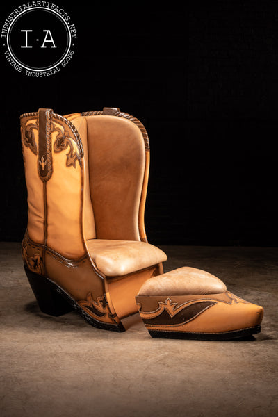 Vintage Leather Cowboy Boot Chair With Ottoman