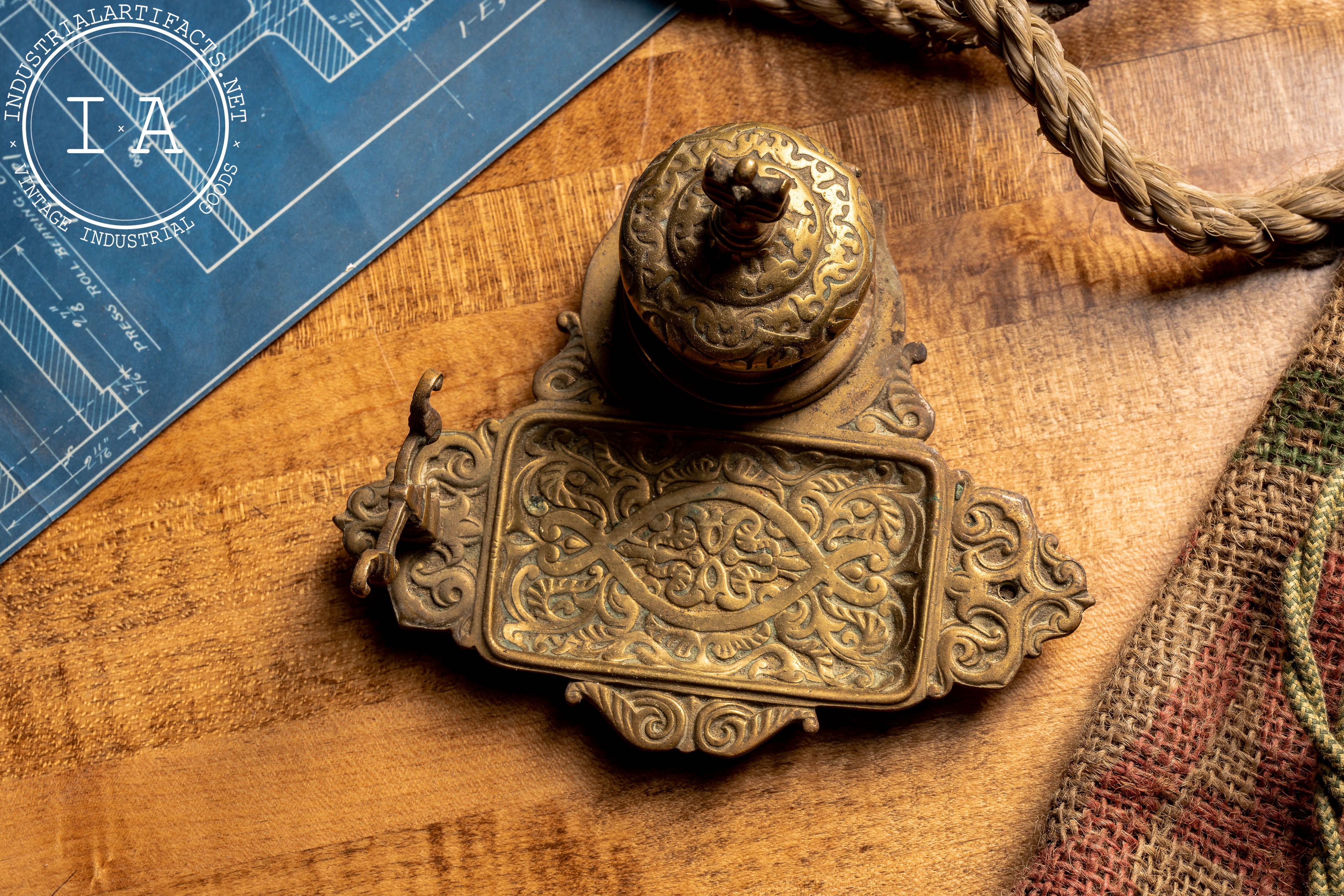Antique Brass Inkwell and Tray Industrial Artifacts