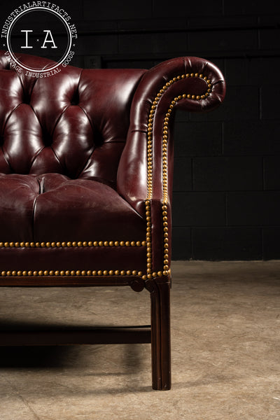 Vintage Tufted Leather Chippendale Style Sofa in Burgundy