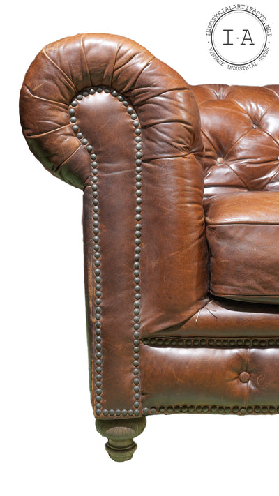 Large Antique Tufted Leather Chesterfield Sofa in Brown