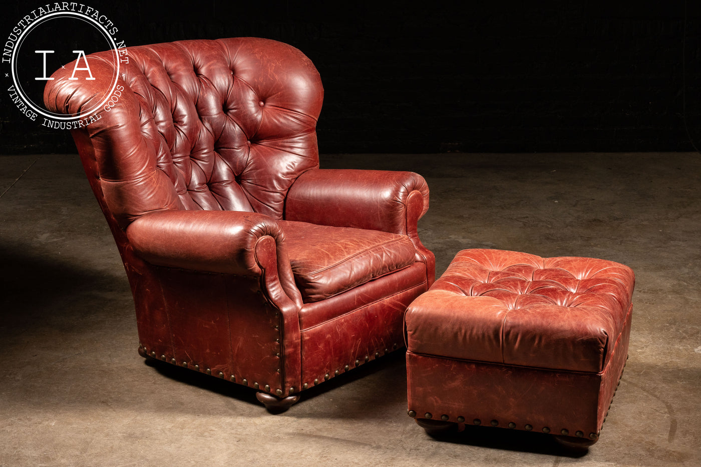 Vintage Tufted Full Grain Leather Chair and Ottoman in Red