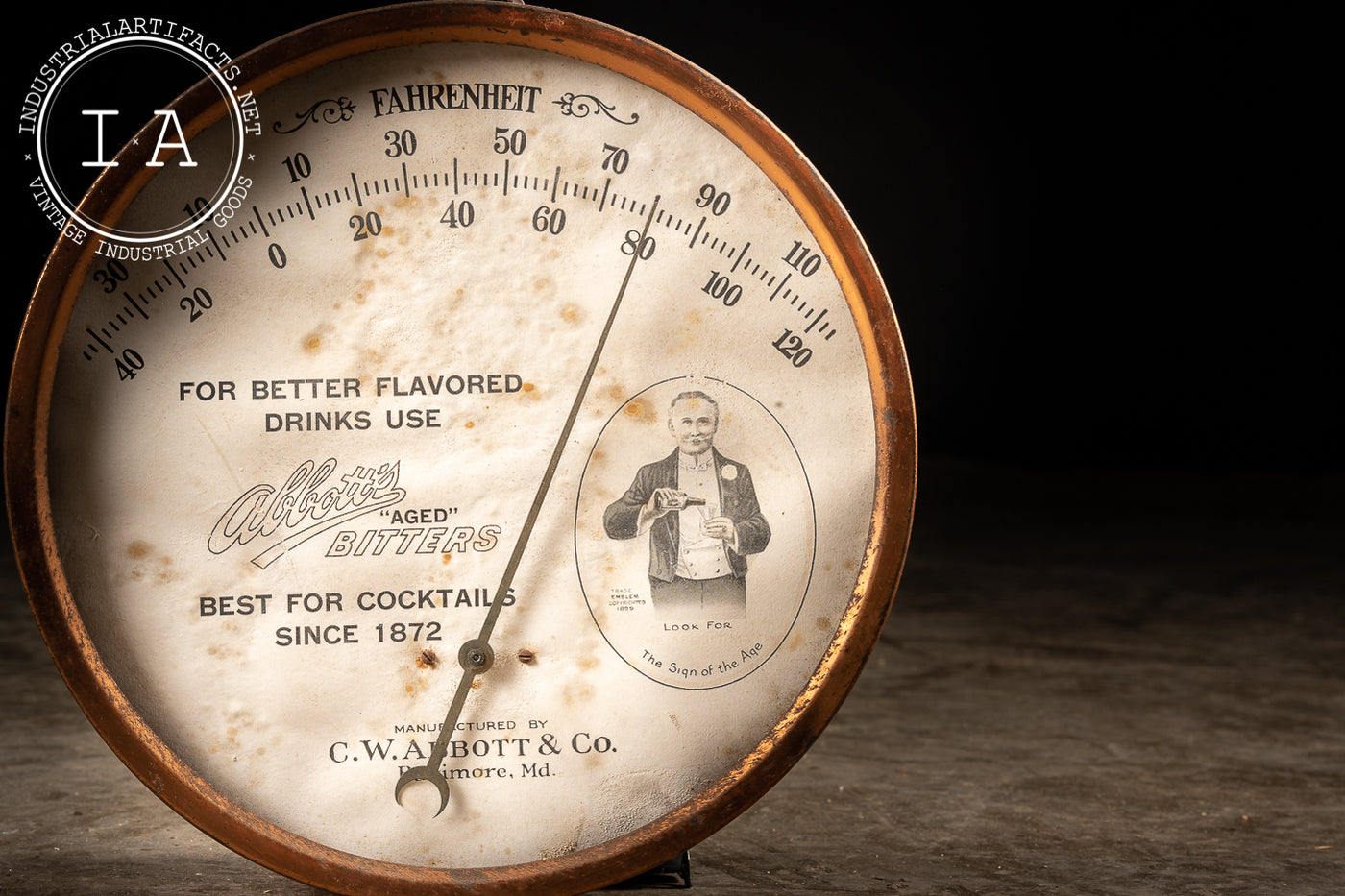 Pre Prohibition Abbott's Aged Bitters Copper Advertising Thermometer