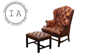 Tufted Leather Armchair With Matching Ottoman in Burnt Amber