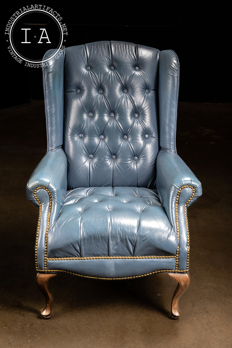 Vintage Wingback Tufted Leather Armchair in Blue