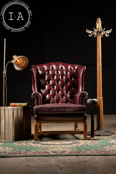Vintage Tufted Leather Wingback Armchair In B urgundy