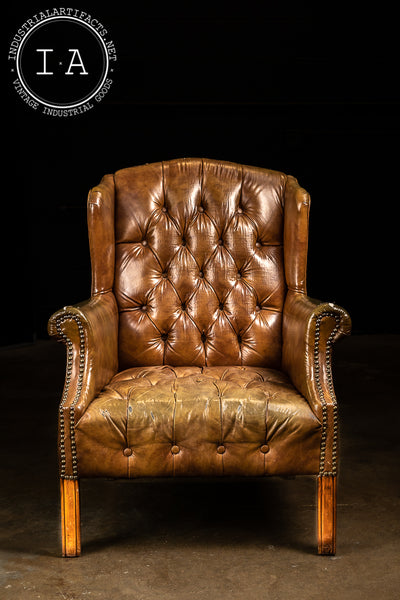 Vintage Tufted Leather Wingback Chair in Camel Brown