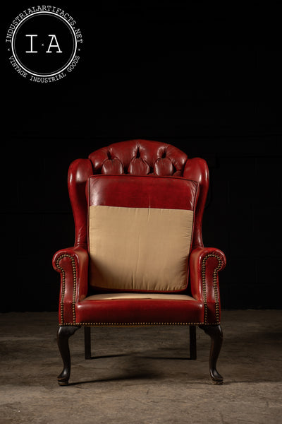 Antique Tufted Leather Armchair in Red with Ottoman