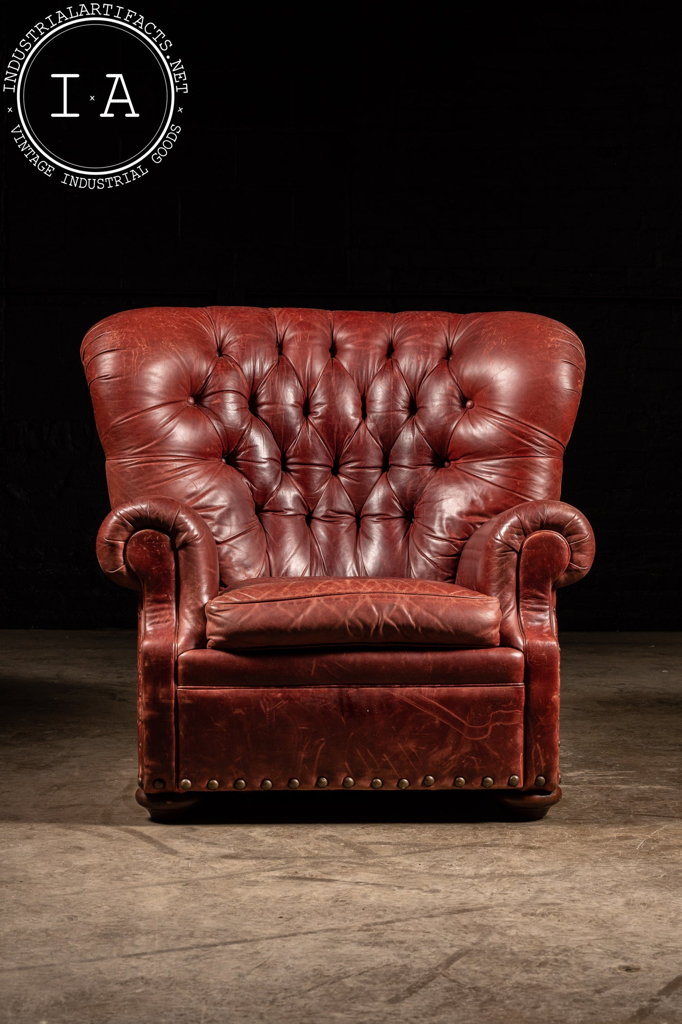 Vintage Tufted Full Grain Leather Chair and Ottoman in Red