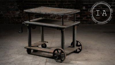 Antique Industrial Metal Rolling Cart With Crank Base